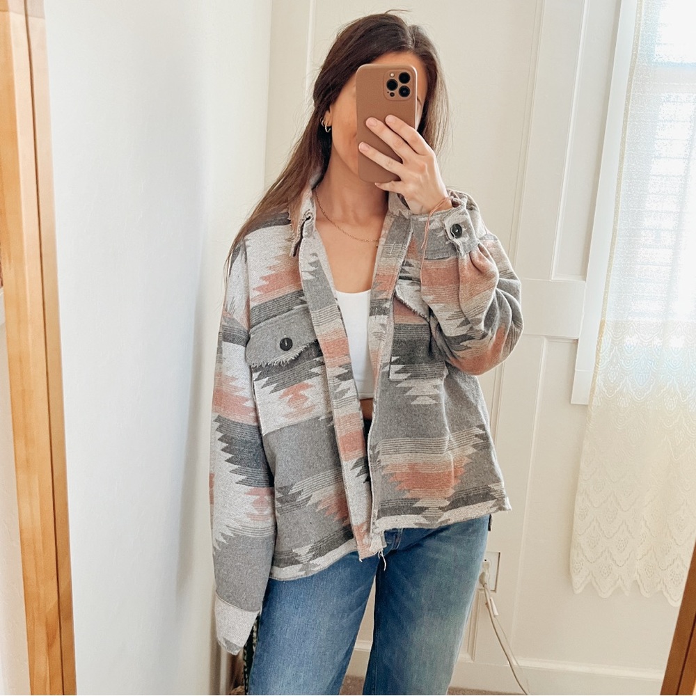 La Miel Aztec Print Boxy Raw Hem Jacket - Picture 1 of 8